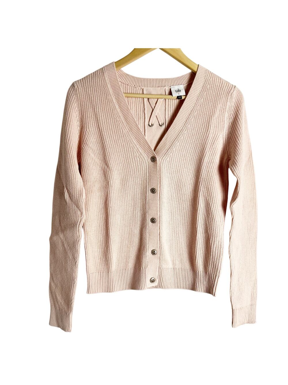 Cabi 3357 Blush Pink Ribbed Knit Lace Up Button Front Cardigan Sweater Size S